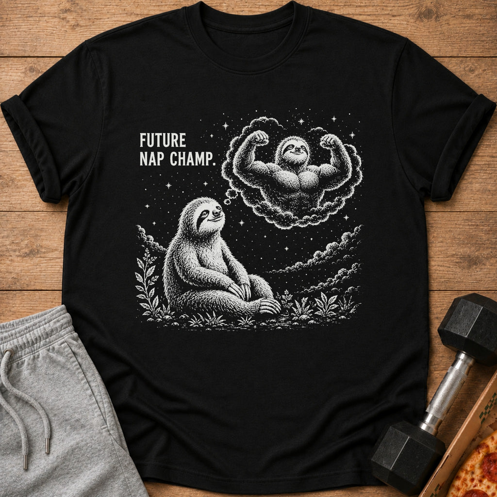 Black t-shirt with sloth illustration dreaming of being a muscular "Future Nap Champ."