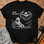 Black t-shirt with sloth illustration dreaming of being a muscular "Future Nap Champ."