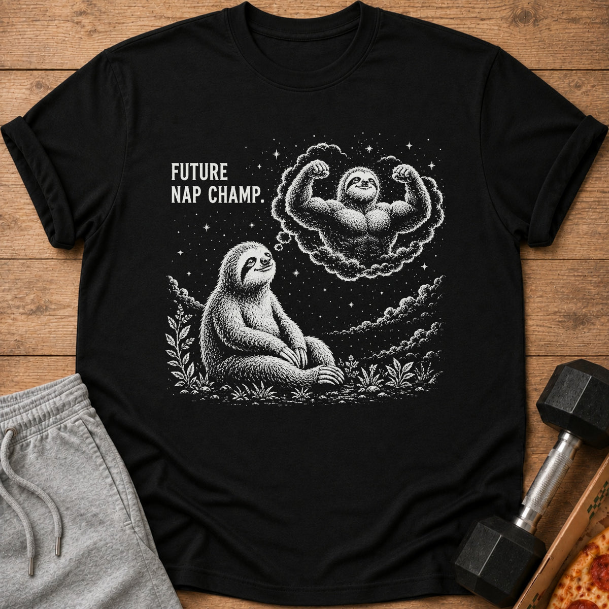 Black t-shirt with sloth illustration dreaming of being a muscular "Future Nap Champ."