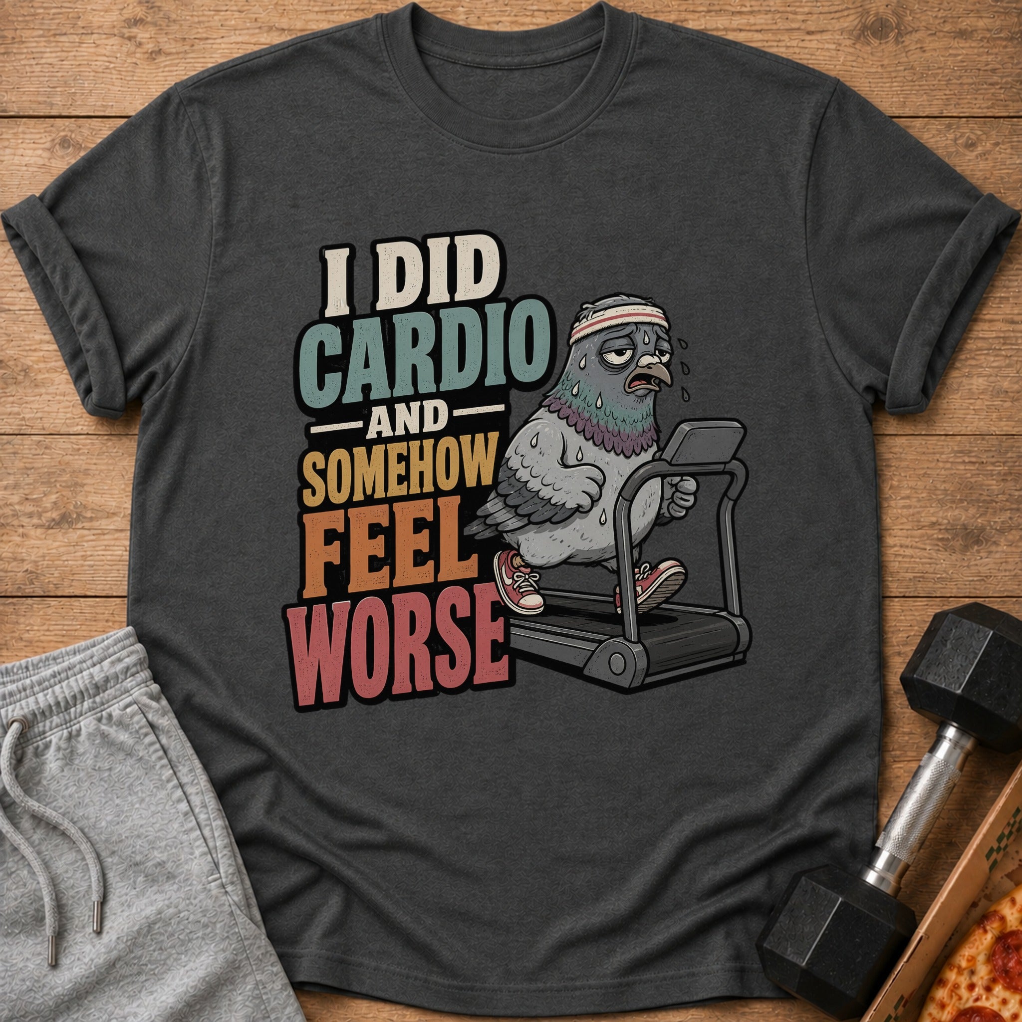 T-shirt with pigeon on treadmill and text "I DID CARDIO AND SOMEHOW FEEL WORSE."