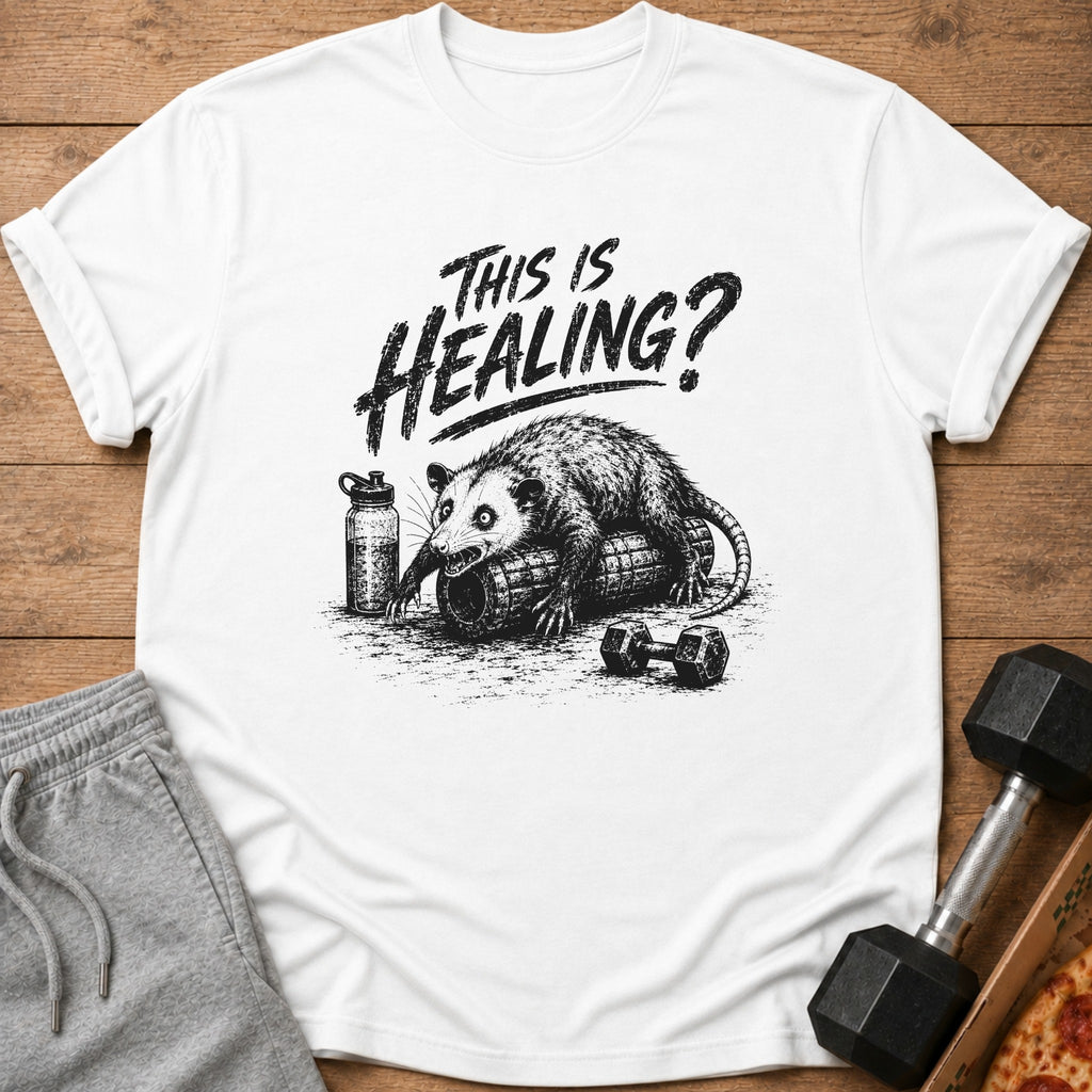 T-shirt with opossum on foam roller and "This is Healing?" text.