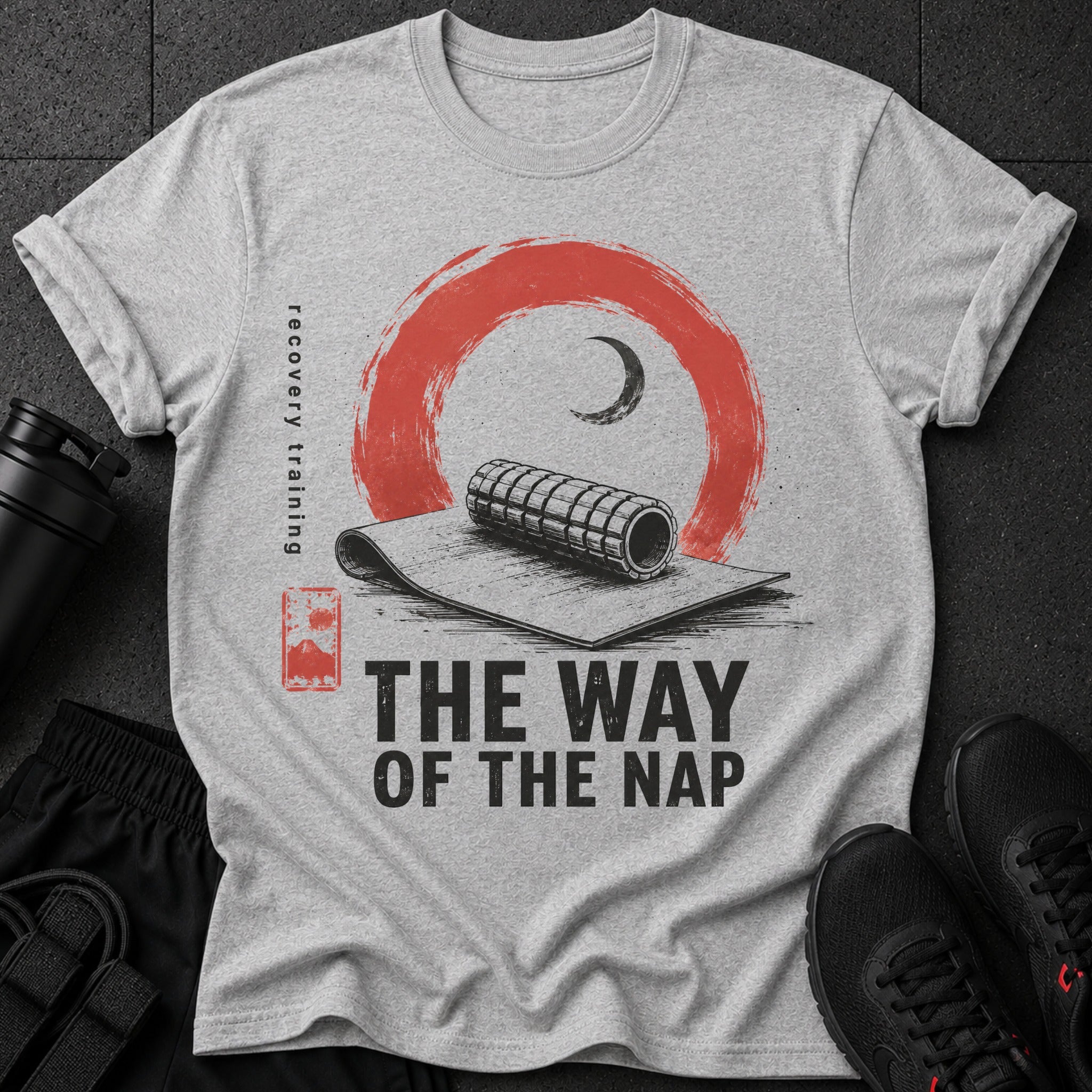 Grey t-shirt with "THE WAY OF THE NAP" and foam roller graphic.