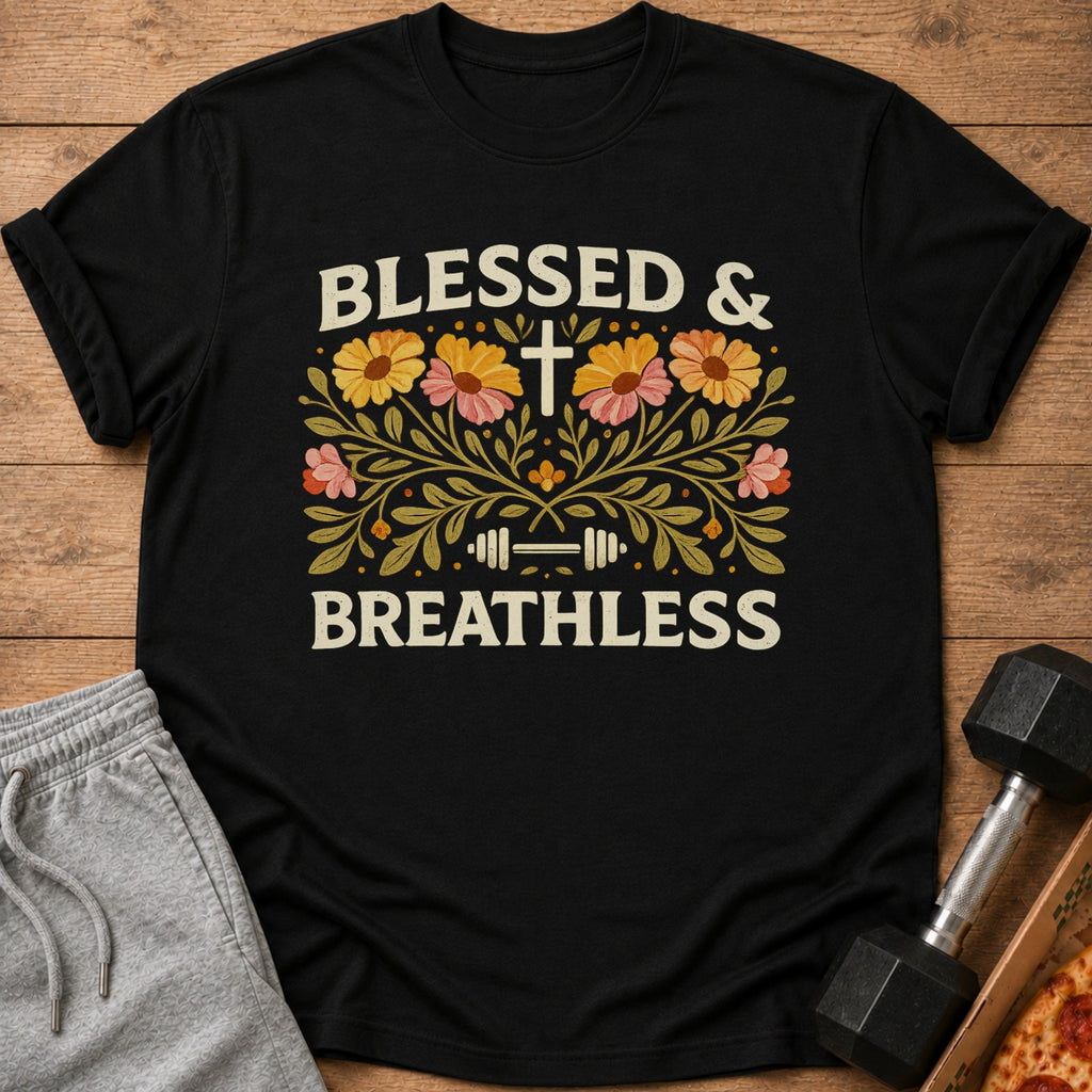 Black t-shirt with floral cross design and text "BLESSED & BREATHLESS".