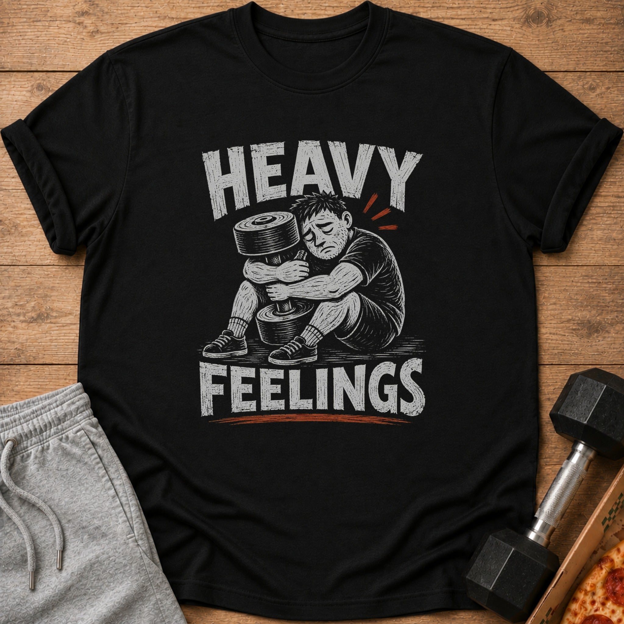 Black t-shirt with distressed graphic of a person hugging a dumbbell, text reads "HEAVY FEELINGS".