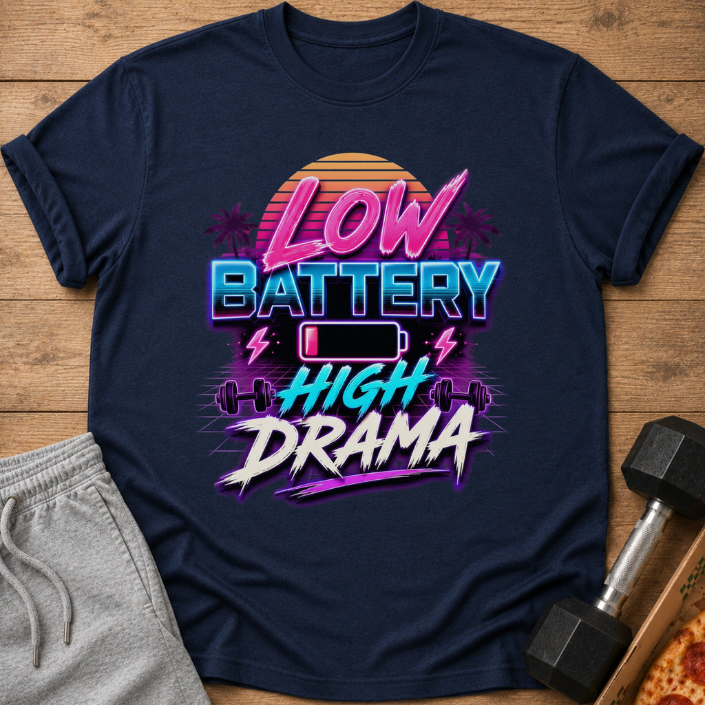 Navy t-shirt with "Low Battery High Drama" text and retro graphics.