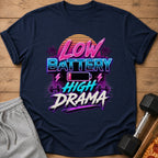 Navy t-shirt with "Low Battery High Drama" text and retro graphics.
