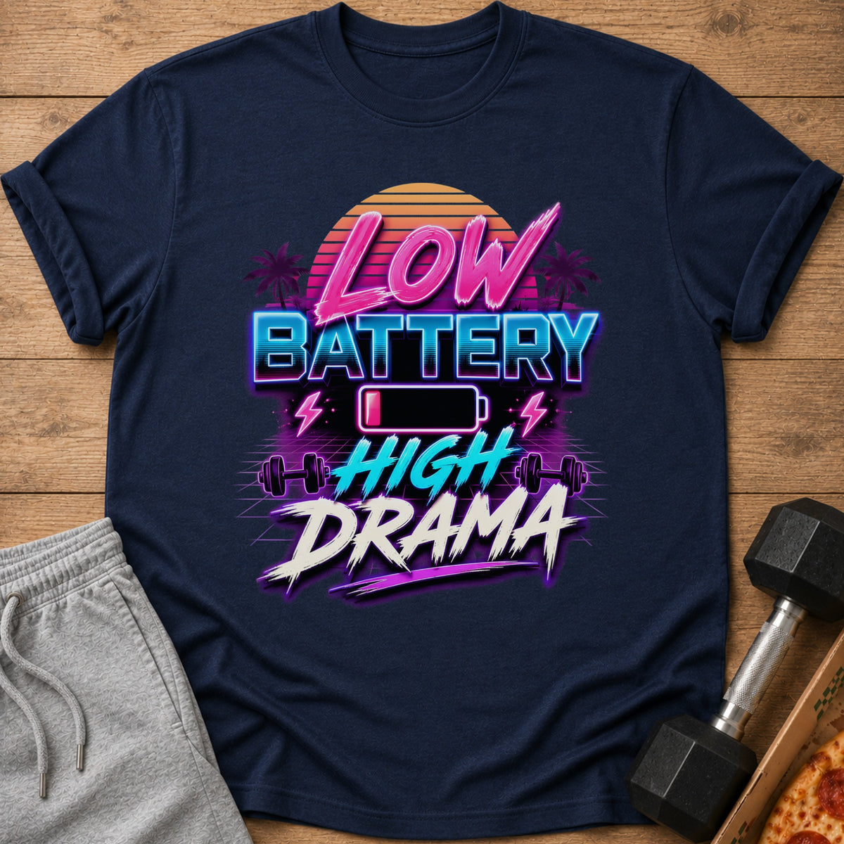 Navy t-shirt with "Low Battery High Drama" text and retro graphics.