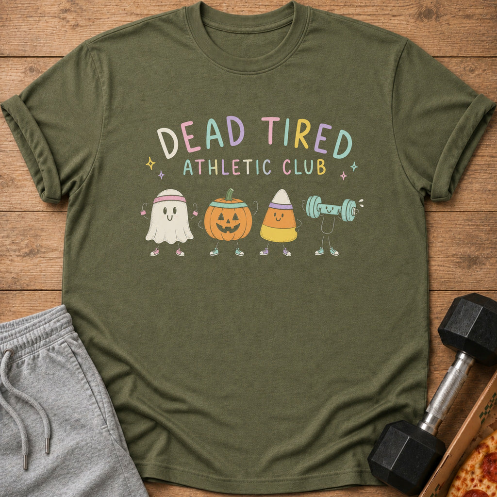 Olive t-shirt with "DEAD TIRED ATHLETIC CLUB" and Halloween characters.