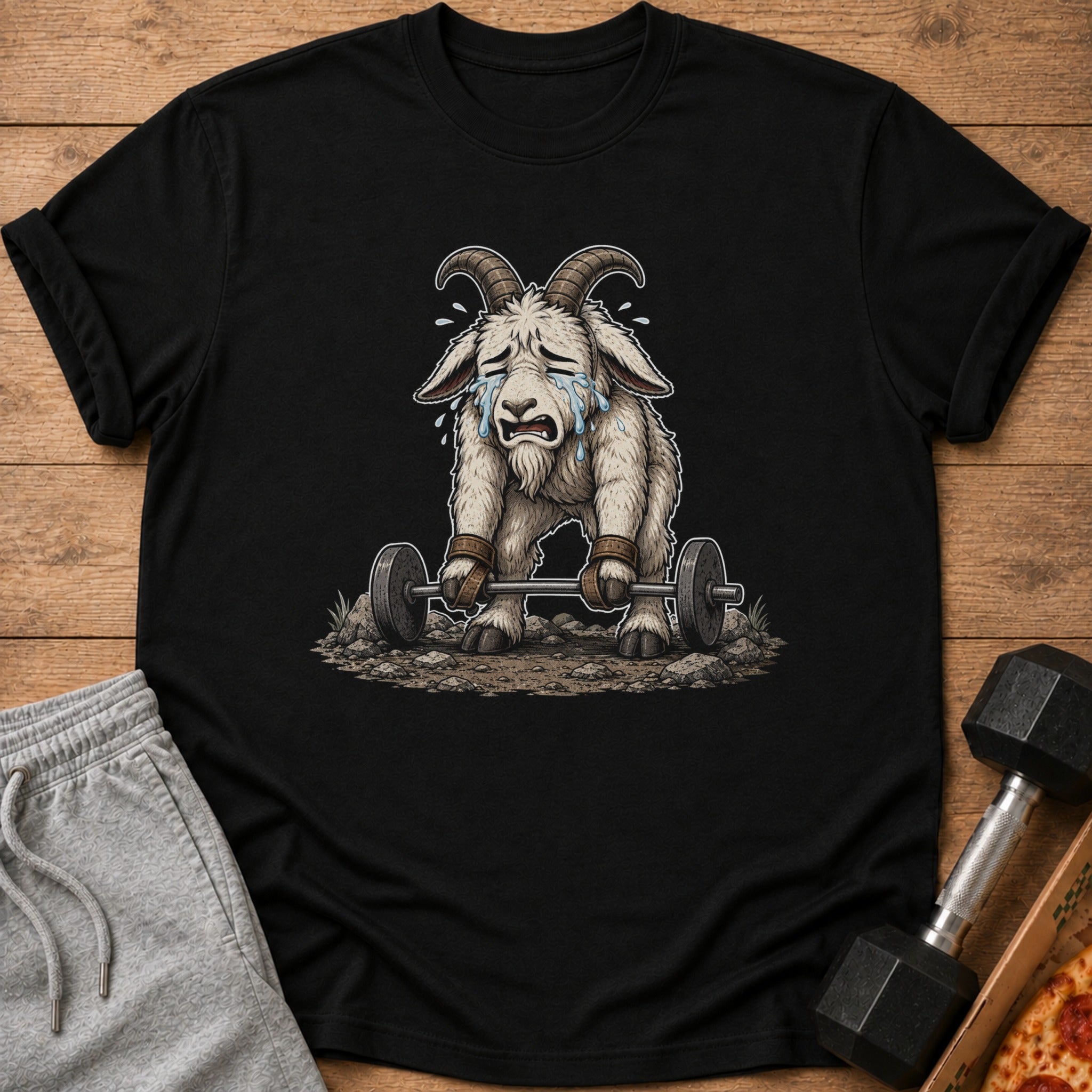 T-shirt with a crying cartoon goat struggling to lift a barbell.