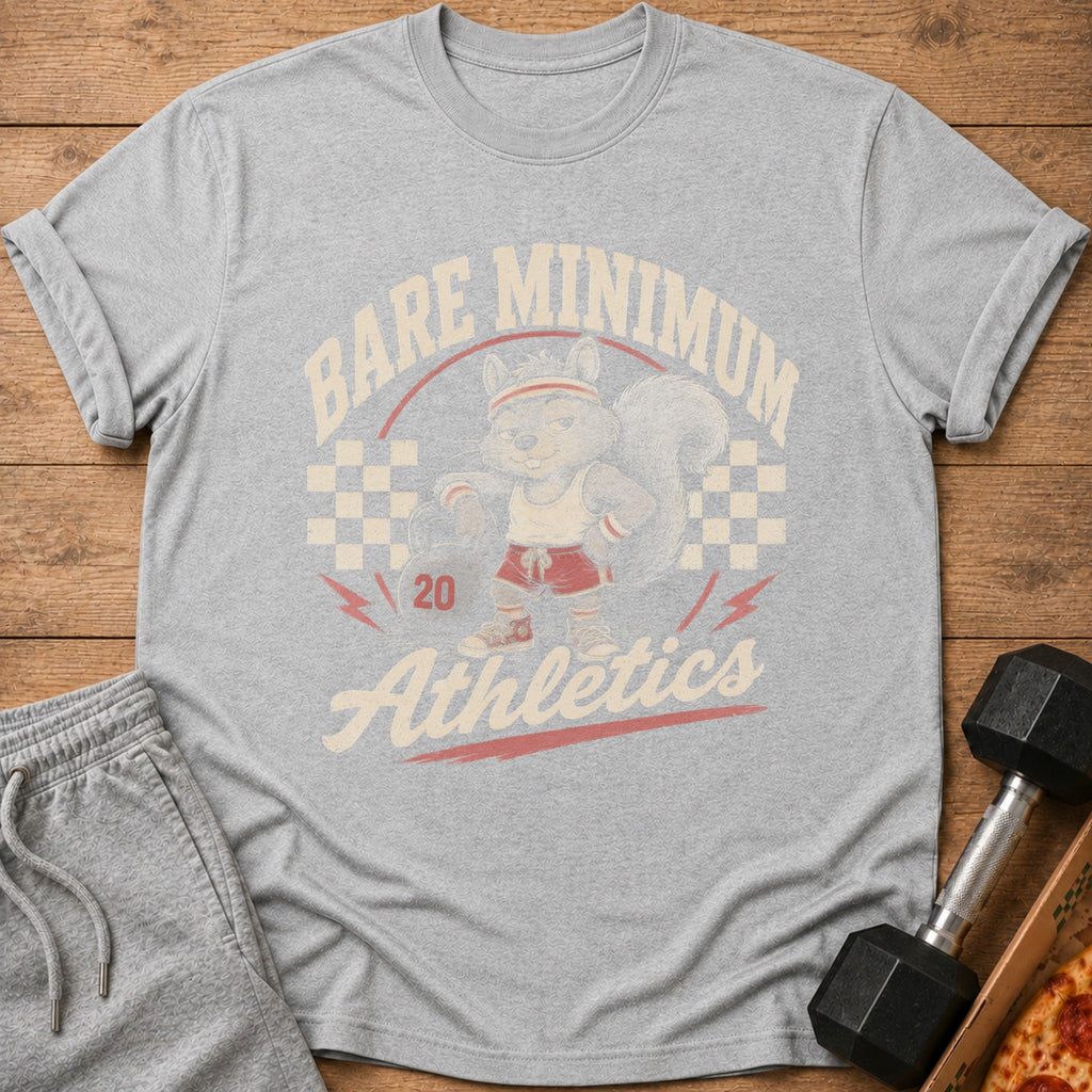 Grey t-shirt with "Bare Minimum Athletics" graphic featuring a cartoon squirrel.