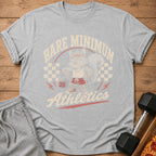 Grey t-shirt with "Bare Minimum Athletics" graphic featuring a cartoon squirrel.