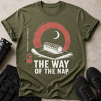 Olive t-shirt with "THE WAY OF THE NAP" and yoga mat graphic.