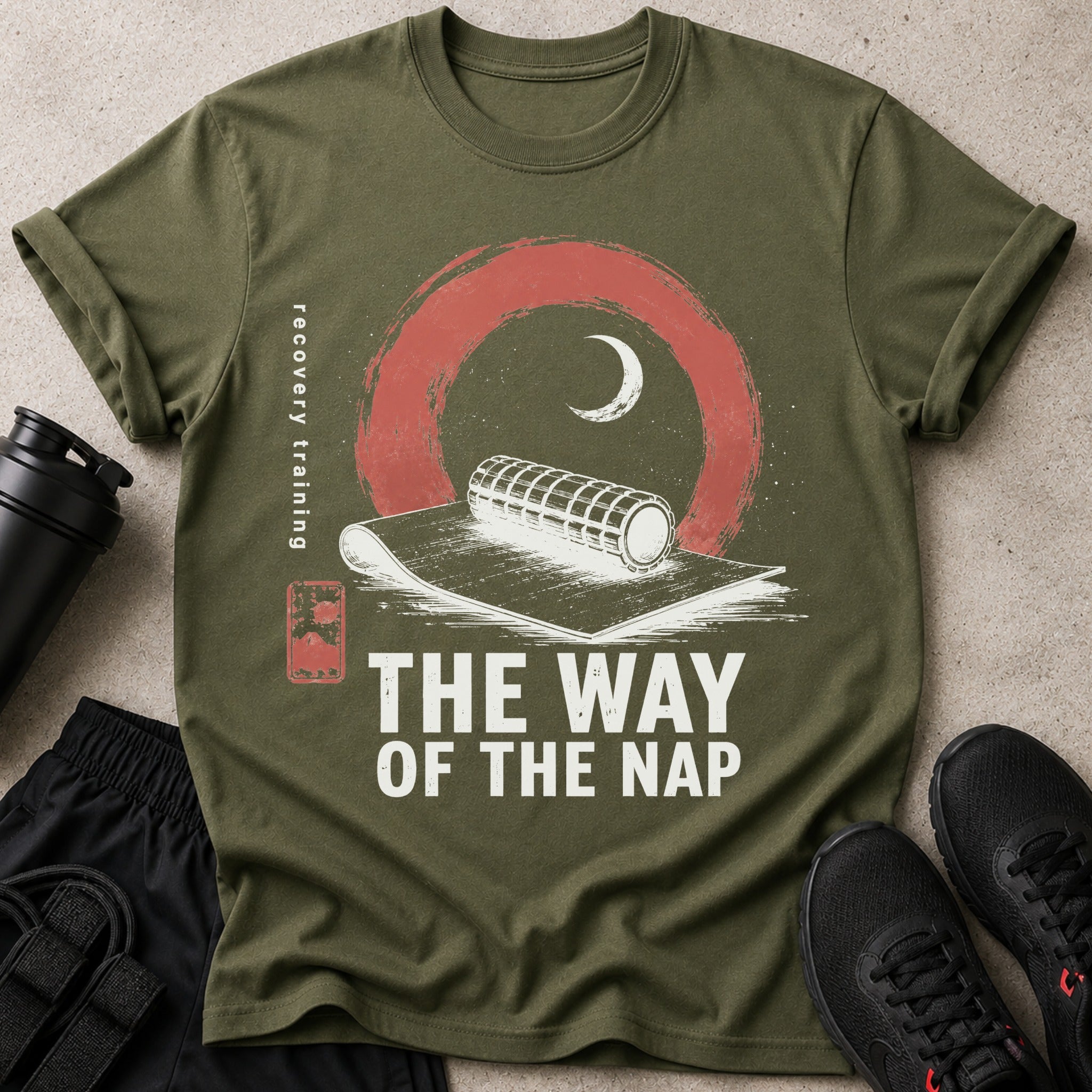 Olive t-shirt with "THE WAY OF THE NAP" and yoga mat graphic.