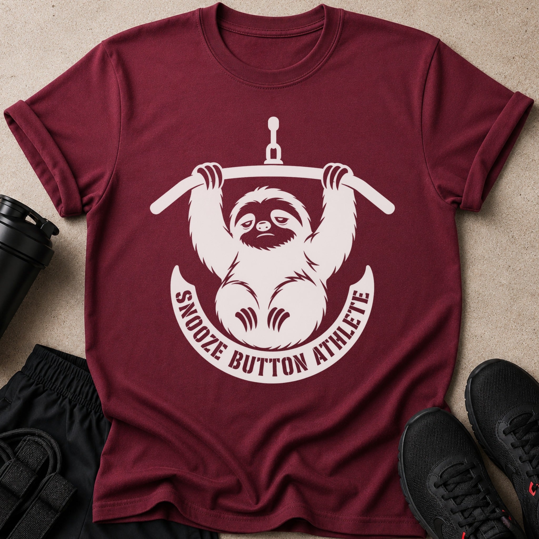Maroon t-shirt with a white graphic of a sloth lifting weights and text "SNOOZE BUTTON ATHLETE".