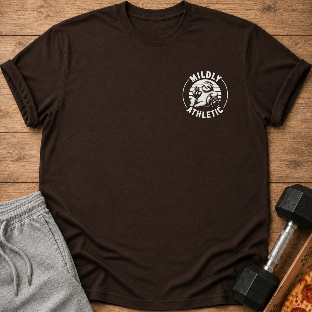 Brown t-shirt with white "Mildly Athletic" text and a sloth.