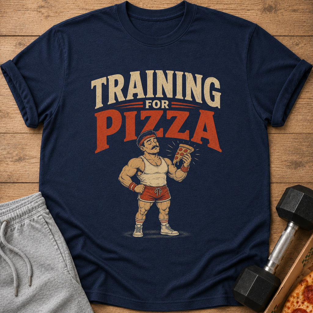 Navy t-shirt with "Training for Pizza" graphic featuring a muscular man holding a pizza slice.