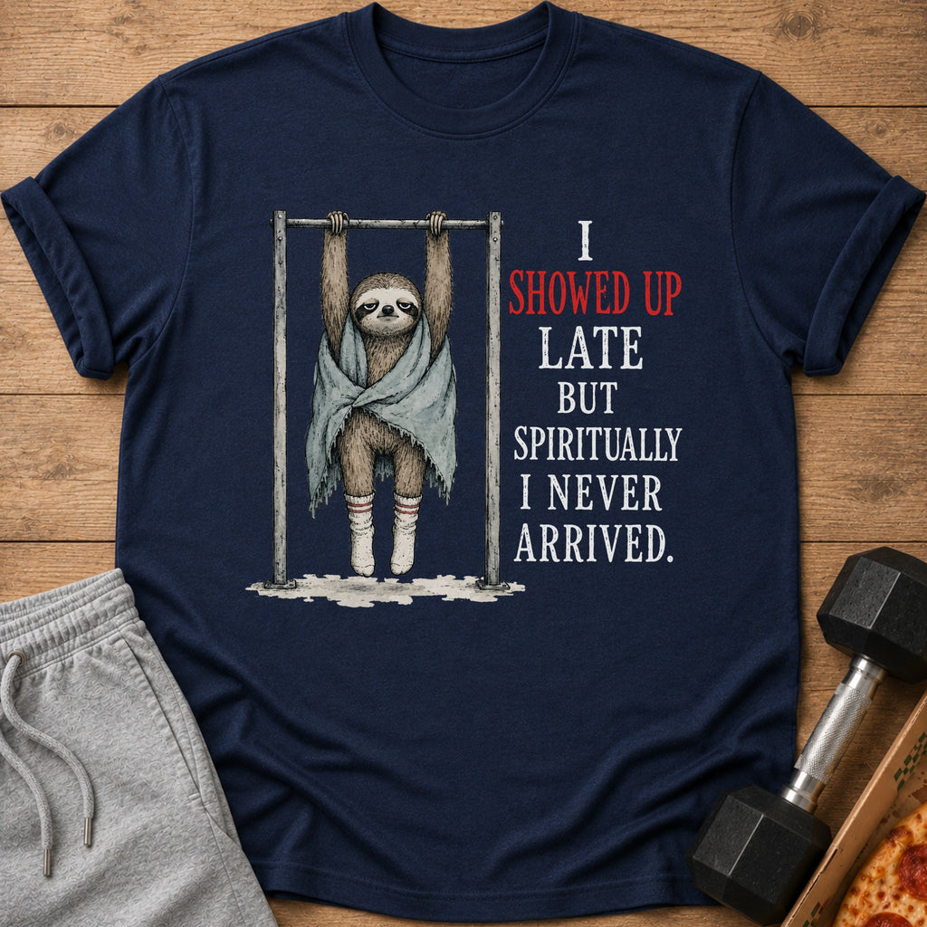 Navy t-shirt with sloth on pull-up bar and text "I SHOWED UP LATE BUT SPIRITUALLY I NEVER ARRIVED."