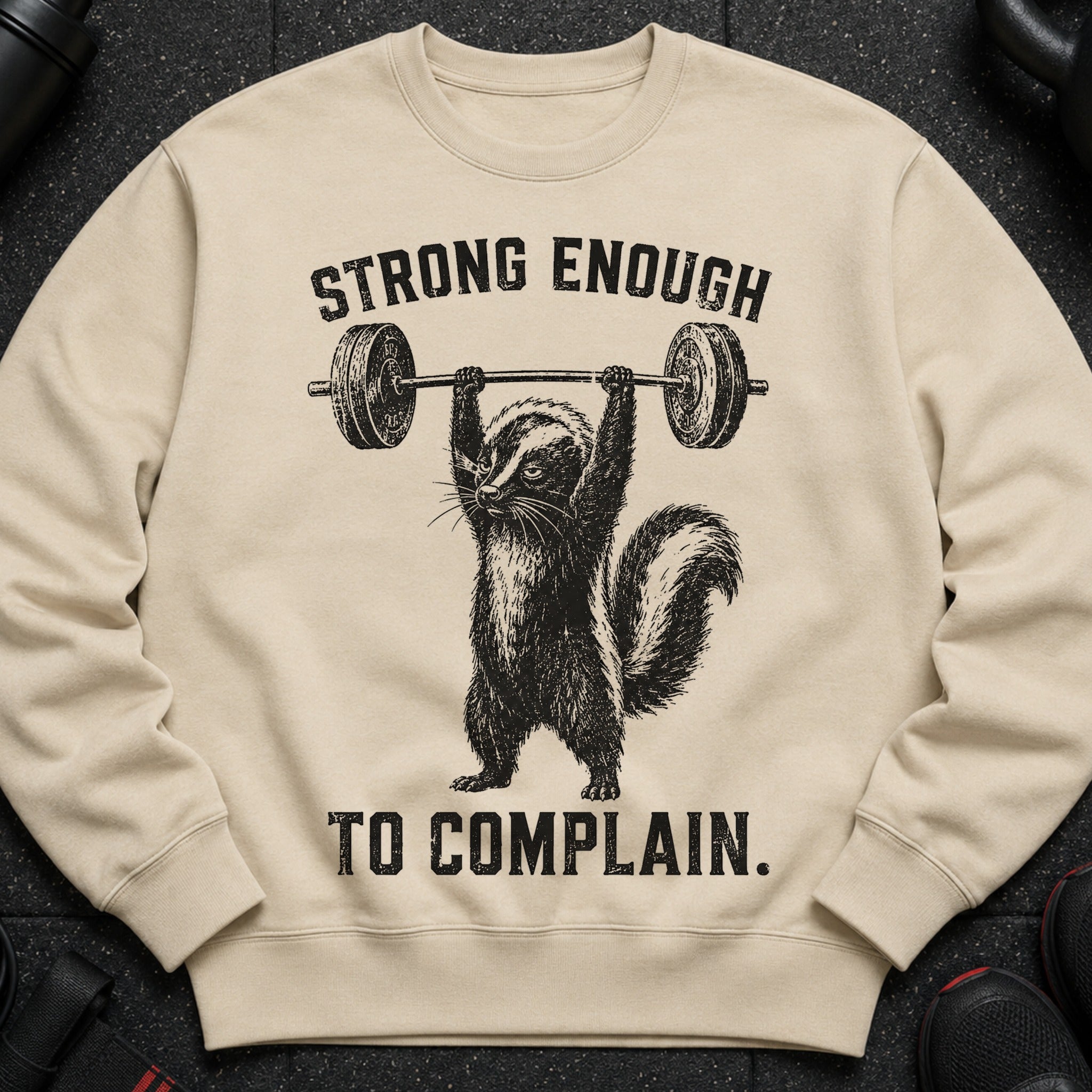 "Strong Enough To Complain" text over skunk lifting barbell graphic on tan sweatshirt.