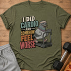 T-shirt graphic: Pigeon on treadmill with text "I DID CARDIO AND SOMEHOW FEEL WORSE"