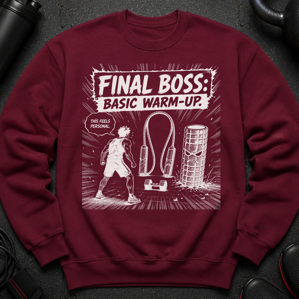 Sweatshirt with "FINAL BOSS: BASIC WARM-UP." text and cartoon gym equipment.