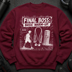 Sweatshirt with "FINAL BOSS: BASIC WARM-UP." text and cartoon gym equipment.