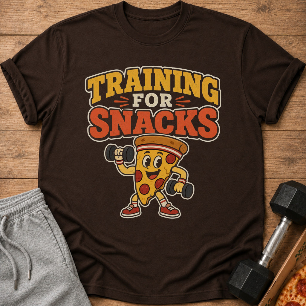 T-shirt with "Training for Snacks" text and a cartoon slice of pizza lifting dumbbells.