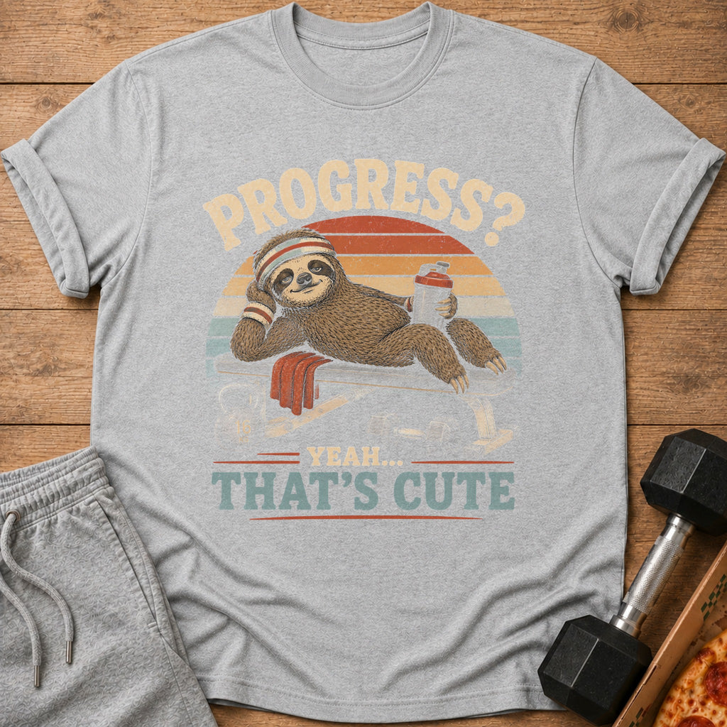 T-shirt graphic with sloth on weight bench, text "PROGRESS? YEAH... THAT'S CUTE"