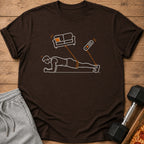 T-shirt graphic of person planking, connected to a couch and remote.