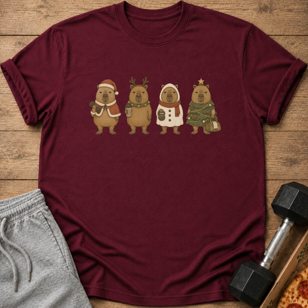 Maroon t-shirt with four capybaras in festive Christmas attire.