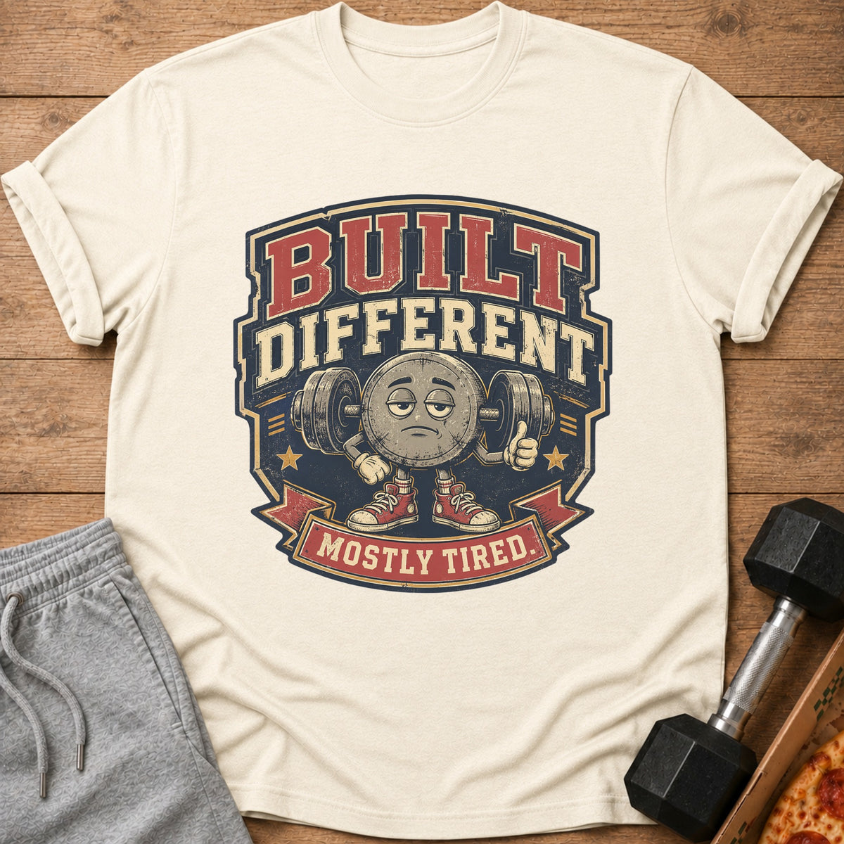 Cream t-shirt with "BUILT DIFFERENT MOSTLY TIRED" graphic featuring a tired barbell character.