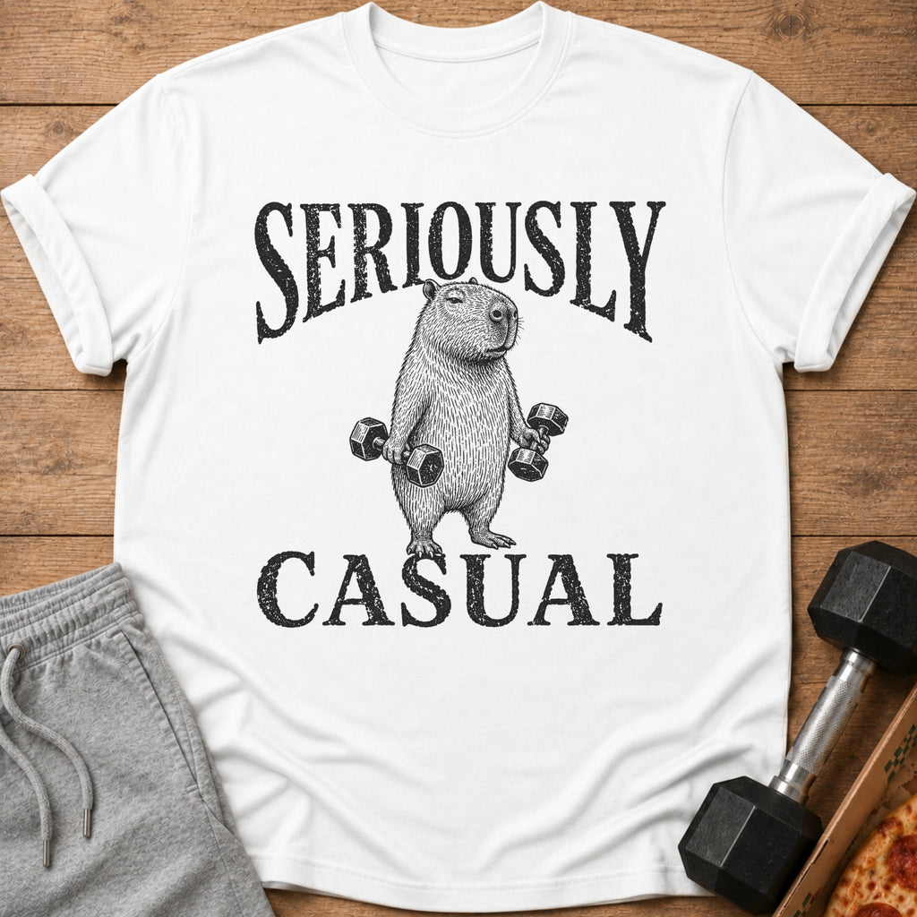 White t-shirt with a capybara holding dumbbells and text "SERIOUSLY CASUAL".