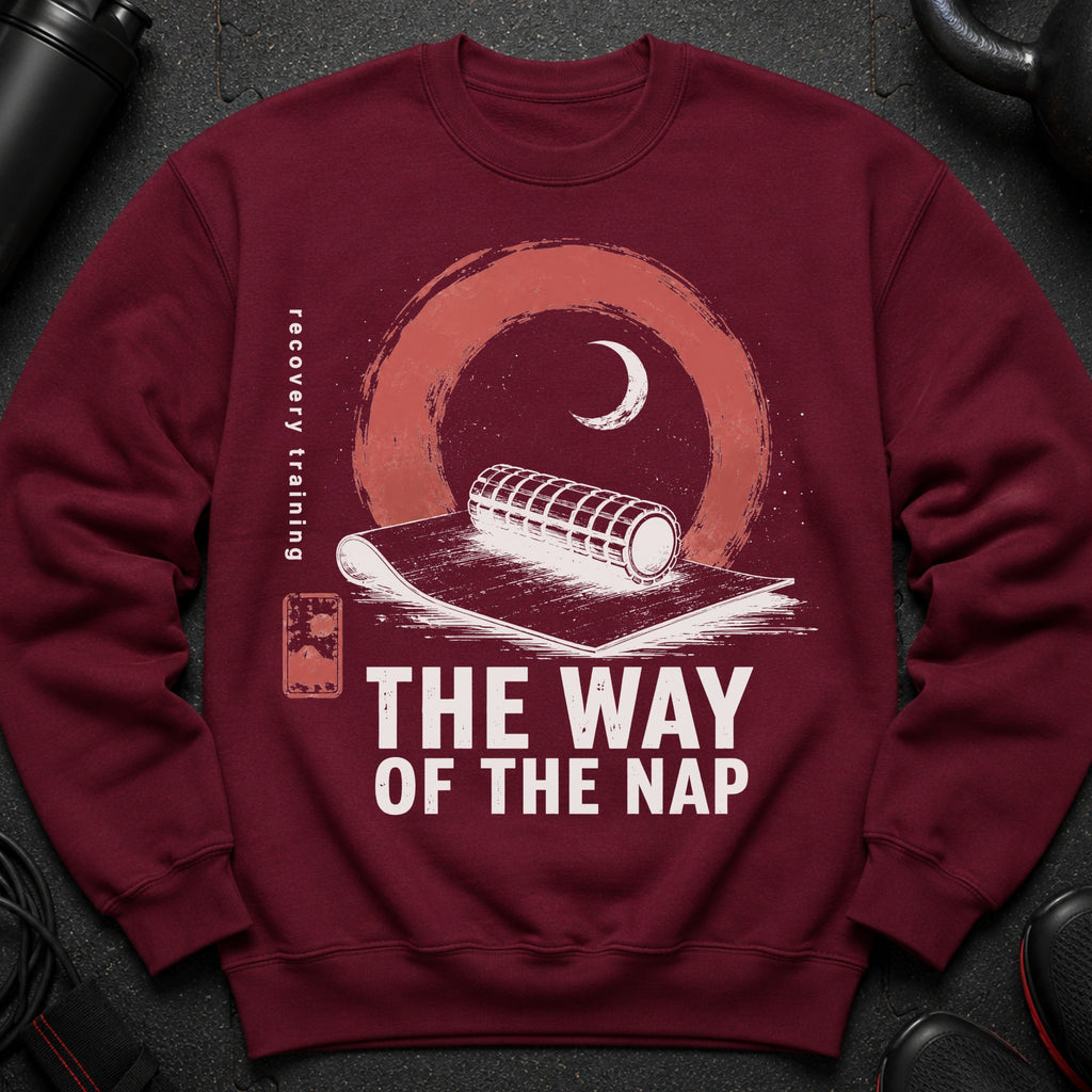 Maroon sweatshirt with print "The Way of the Nap" and recovery graphics.