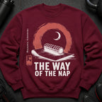 Maroon sweatshirt with print "The Way of the Nap" and recovery graphics.