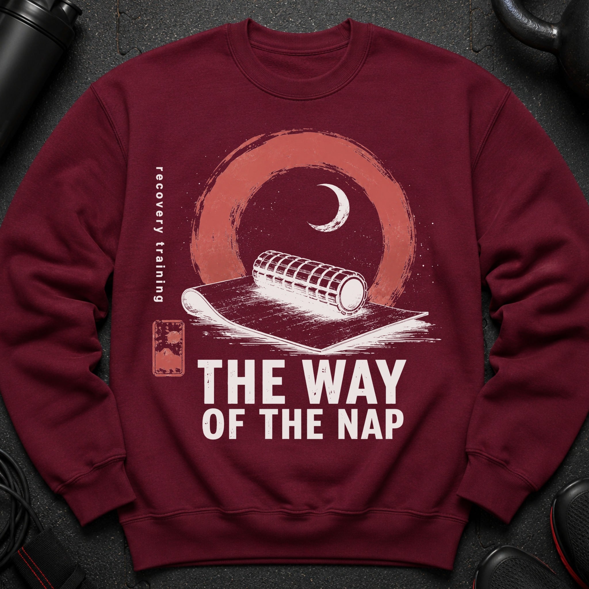 Maroon sweatshirt with print "The Way of the Nap" and recovery graphics.