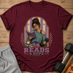 T-shirt with woman reading book and holding dumbbell, text reads Reads & Reps.