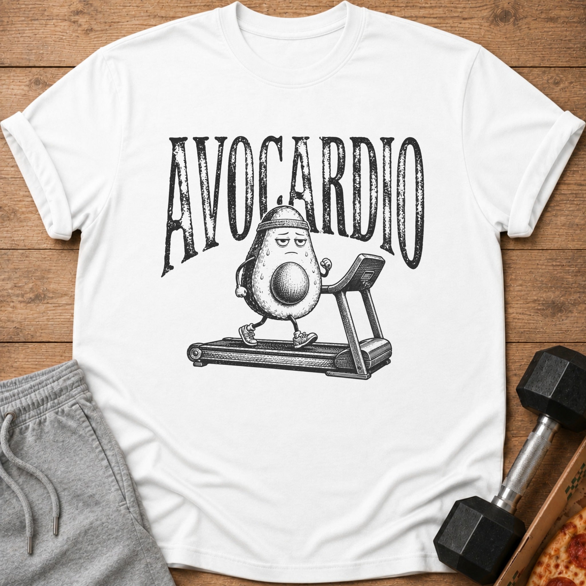 White t-shirt with distressed text "AVOCARDIO" above an avocado running on a treadmill.