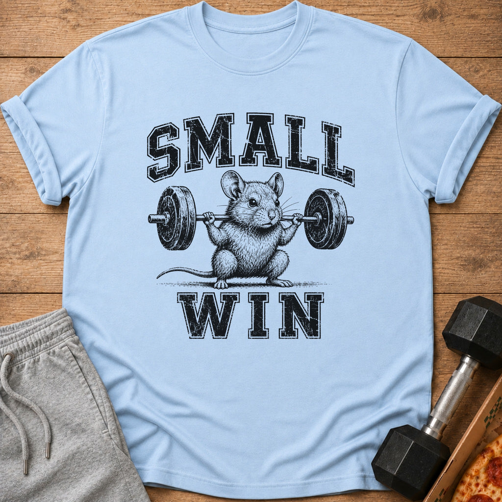 Light blue t-shirt with a mouse lifting a barbell and the text "SMALL WIN".