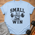 Light blue t-shirt with a mouse lifting a barbell and the text "SMALL WIN".