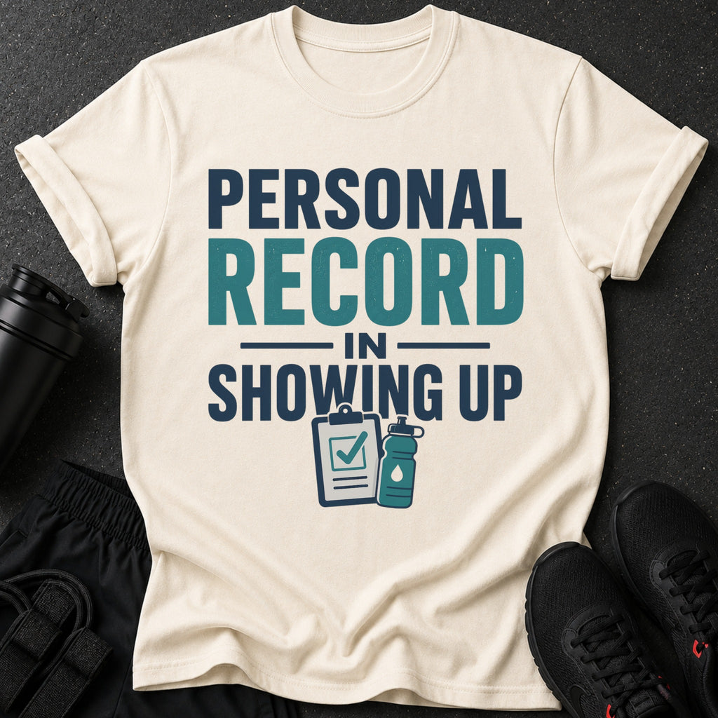 Cream t-shirt with text "PERSONAL RECORD IN SHOWING UP" and fitness icons.