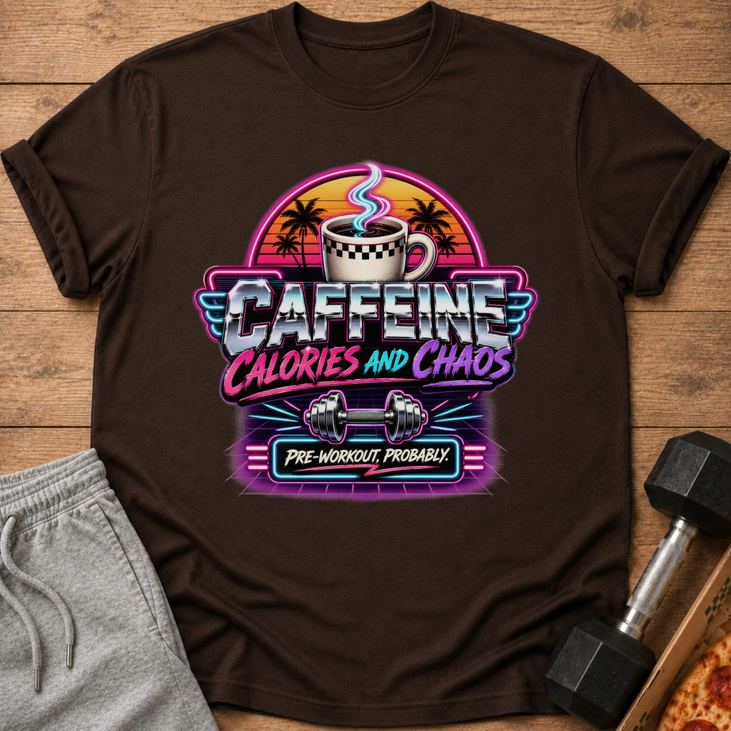 Brown t-shirt with "Caffeine Calories and Chaos Pre-workout, Probably" graphic.