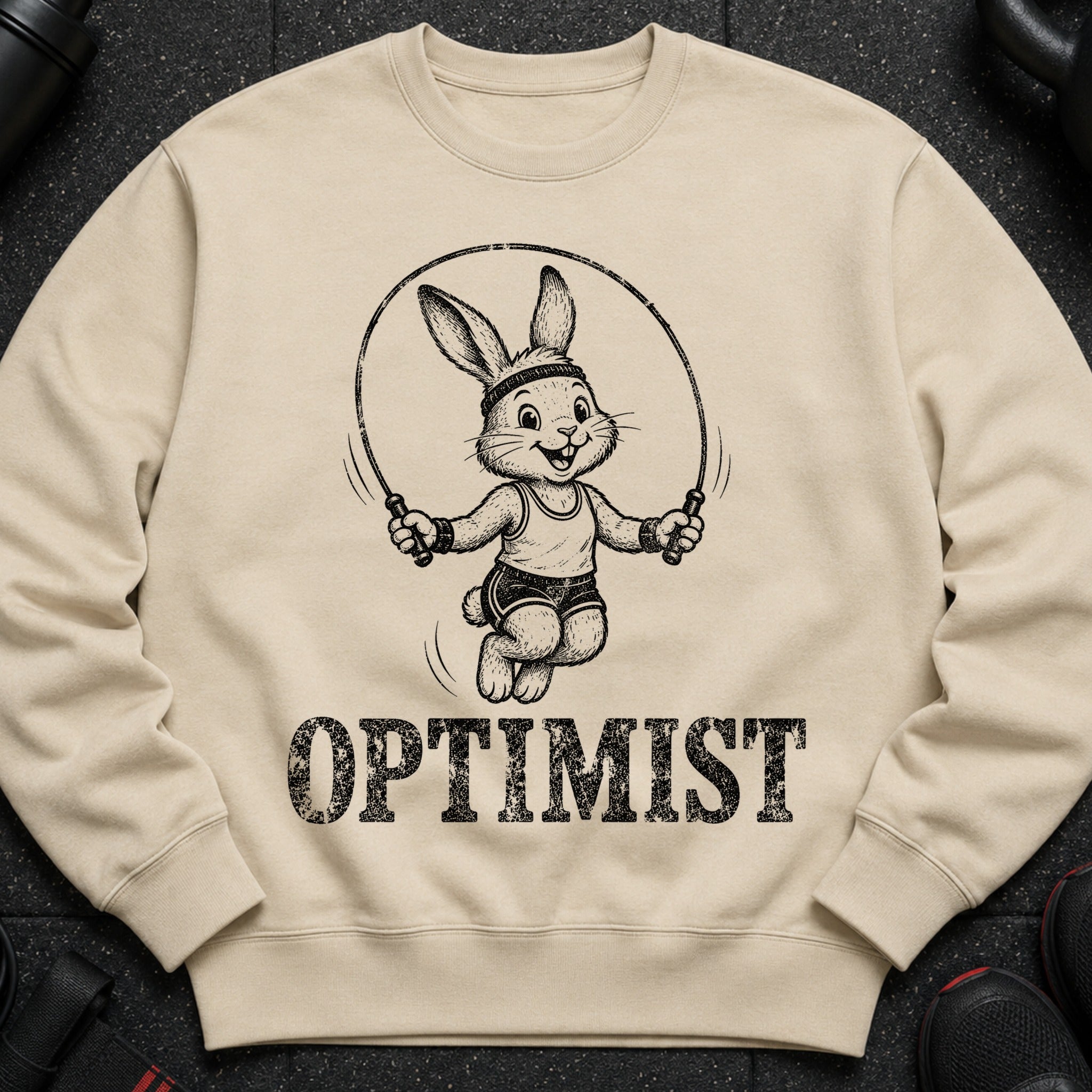 Light tan sweatshirt with a black graphic of a cartoon rabbit jump roping and the word OPTIMIST.