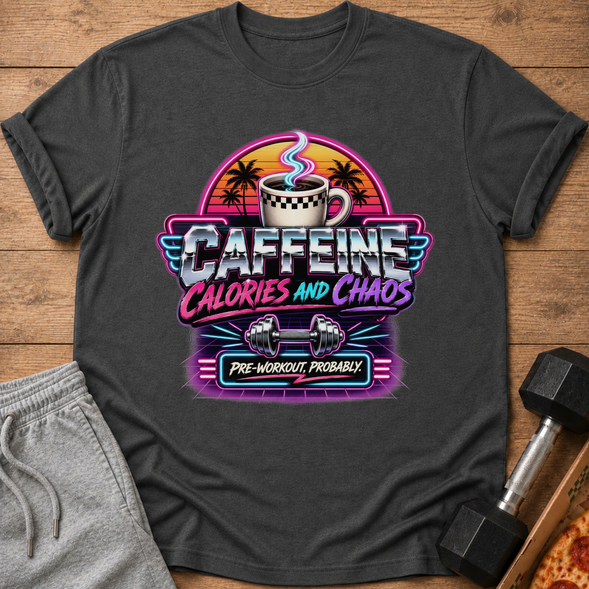 T-shirt with "CAFFEINE CALORIES AND CHAOS PRE-WORKOUT, PROBABLY" text.