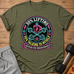 Green t-shirt with neon graphic: "30% Lifting, 70% Talking to Myself, Certified Gym Procrastinator."