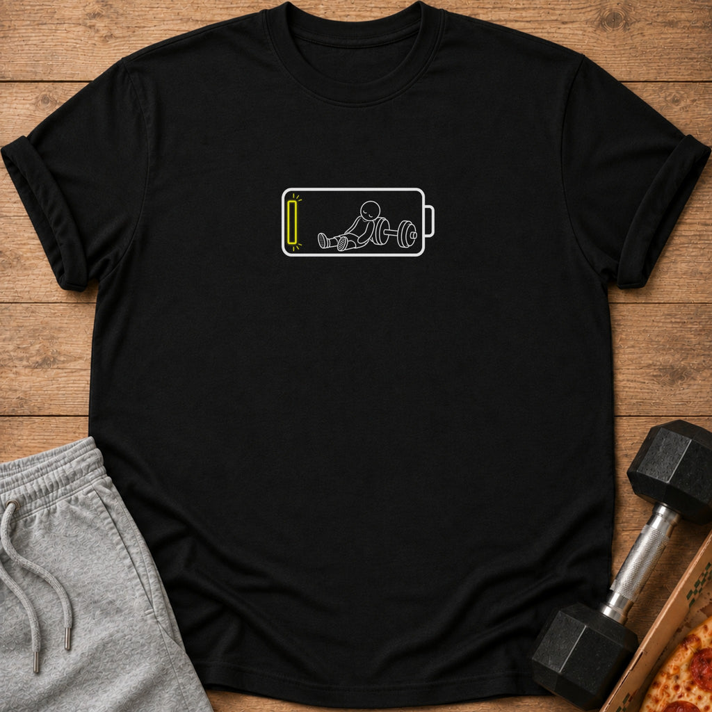 Black t-shirt with a white graphic of a stick figure with a barbell inside a low battery symbol.