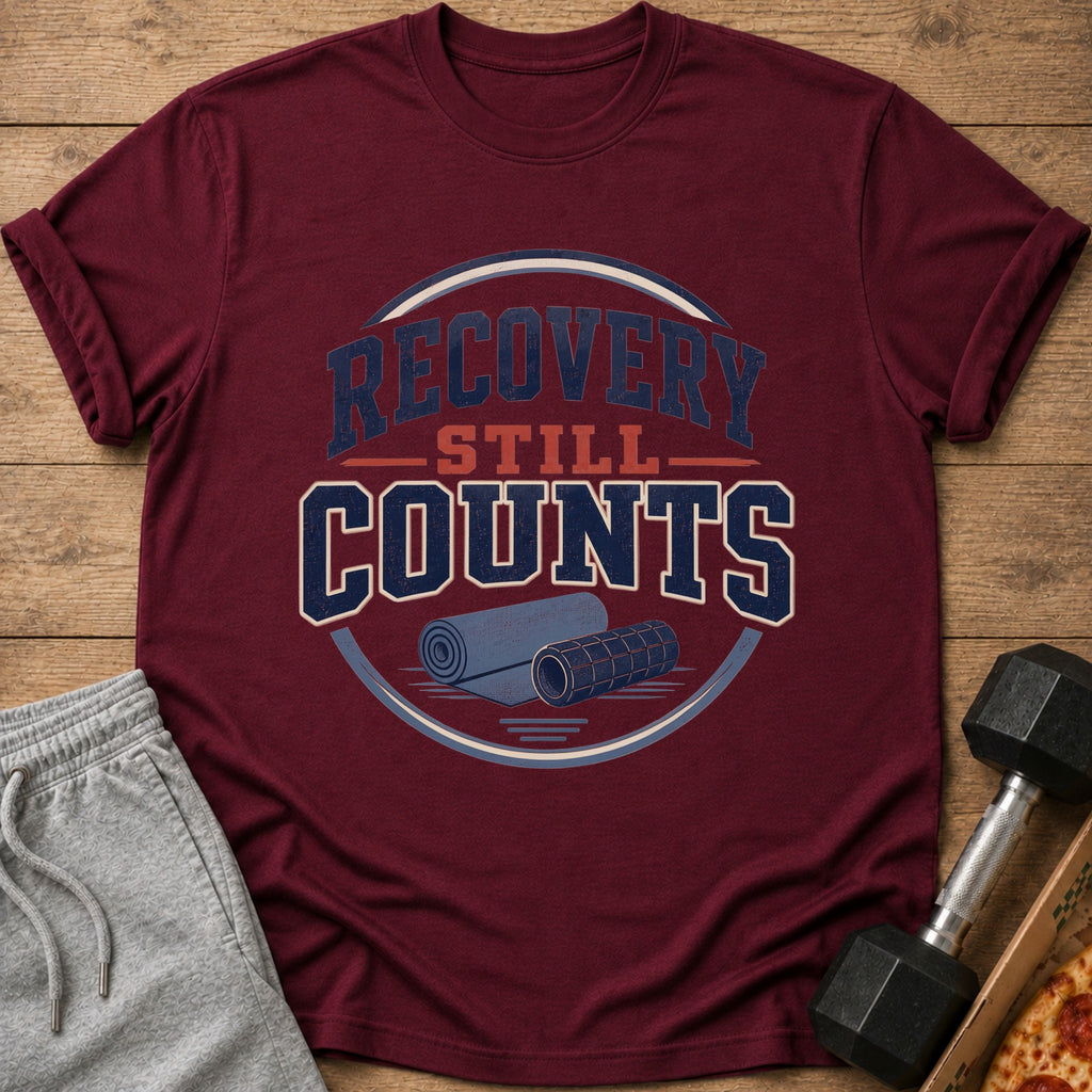 Maroon t-shirt with "RECOVERY STILL COUNTS" text and yoga mat graphics.