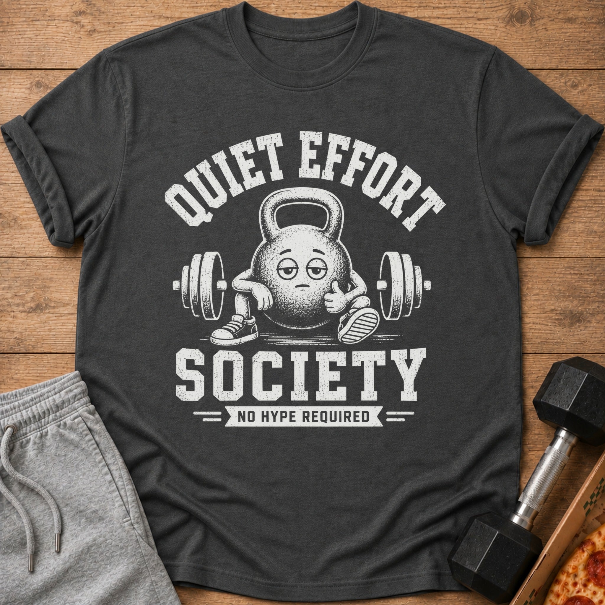 Dark t-shirt with "Quiet Effort Society" text and a tired kettlebell lifting weights.
