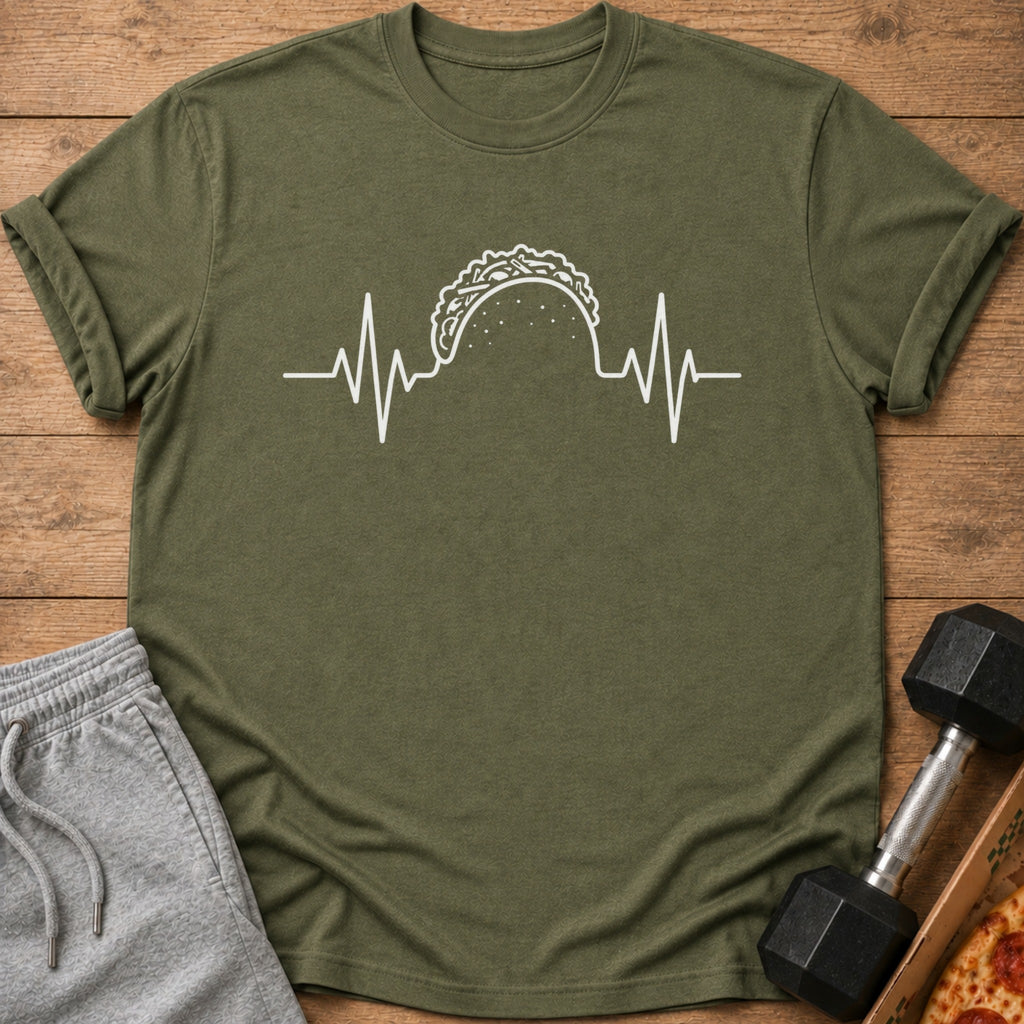Olive green t-shirt with a white taco heartbeat graphic and rolled sleeves.