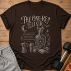 Brown t-shirt with "The One-Rep Elixir" and fitness illustration.