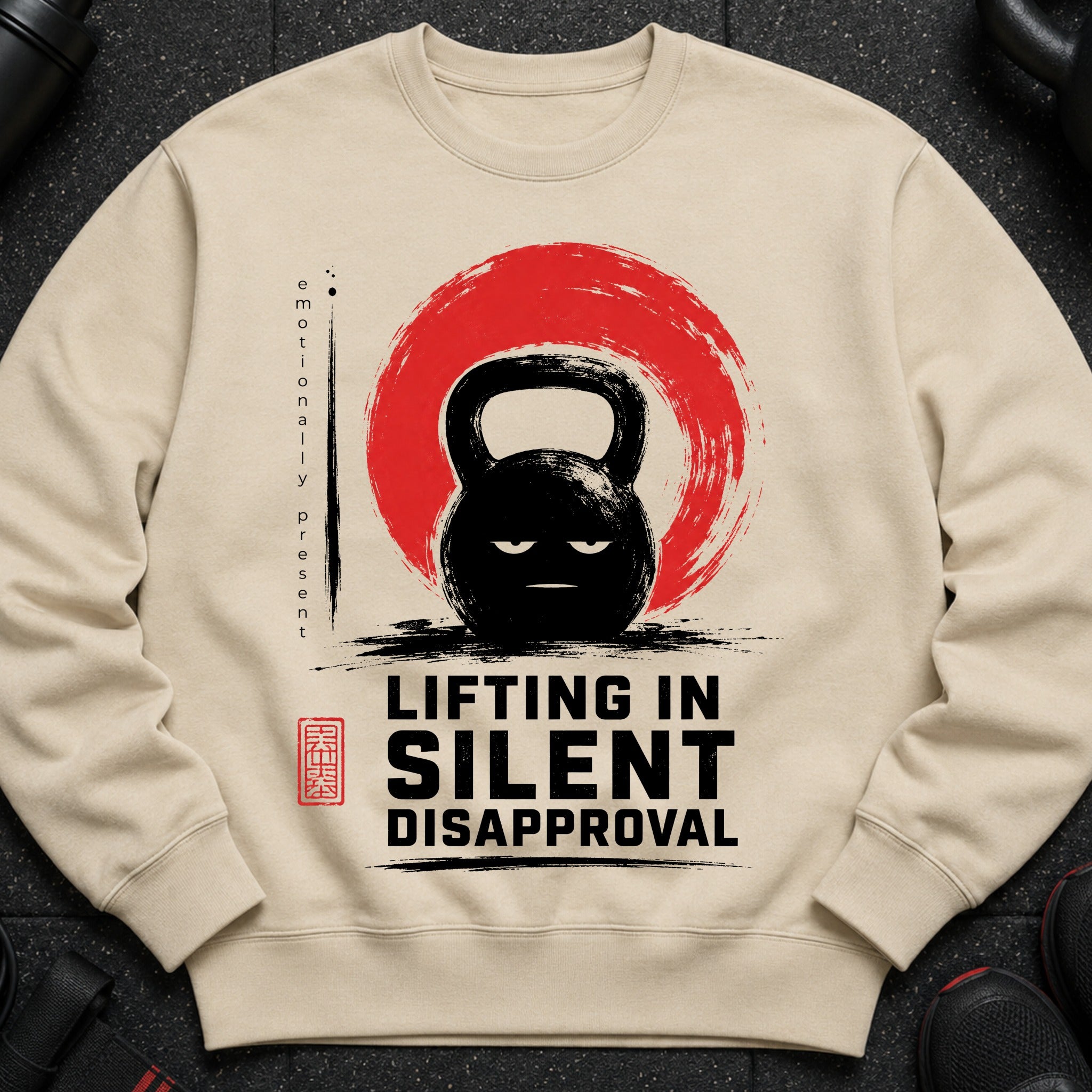 Cream sweatshirt with a black kettlebell design and text "LIFTING IN SILENT DISAPPROVAL".