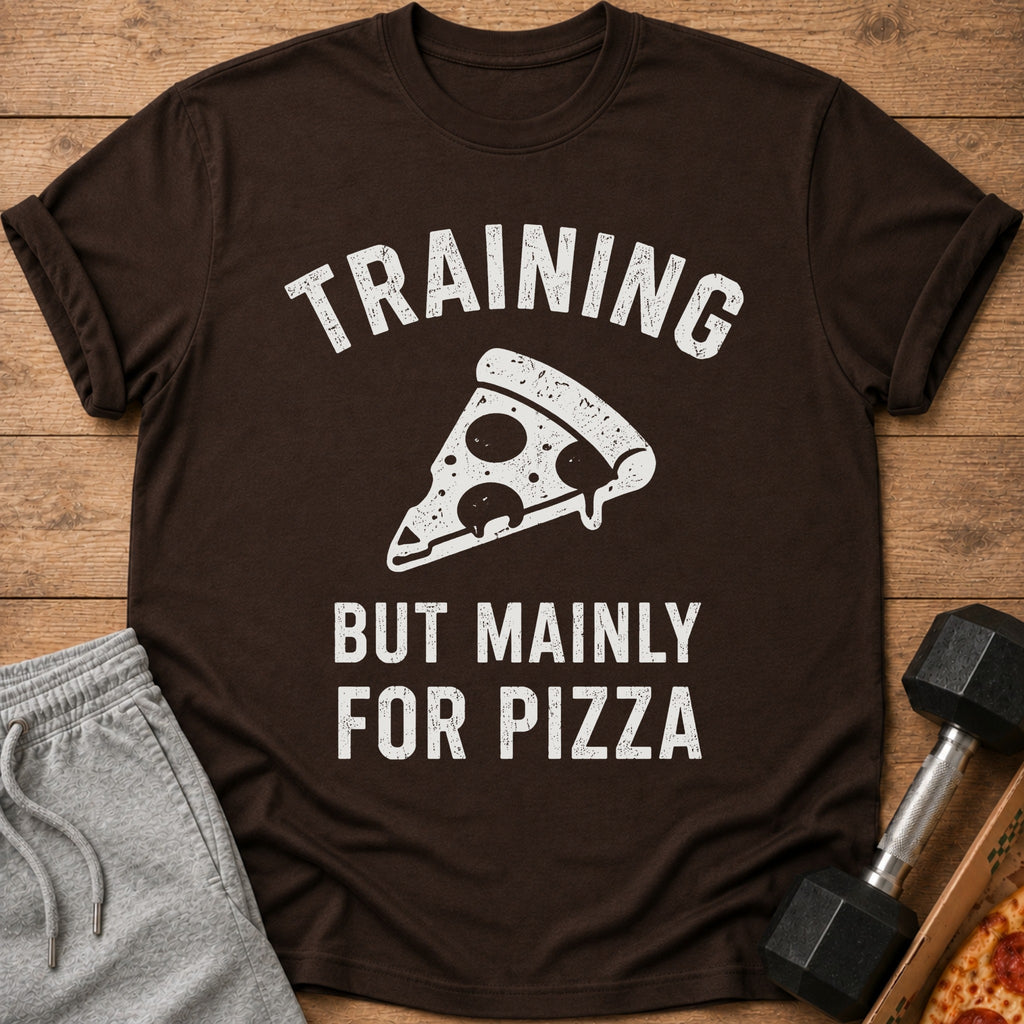 Brown t-shirt with "TRAINING BUT MAINLY FOR PIZZA" text and pizza graphic.